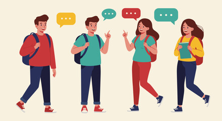 Fototapeta premium Four cheerful teenagers talking and smiling with backpacks in casual setting 
