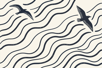 Two stylized dark blue birds flying over wavy lines on a cream background