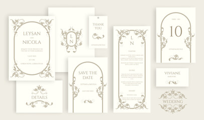 Wedding set. Victorian border and frame pattern. Place cards, wedding invitation, table number, save the date, thank you card, menu, sticker.