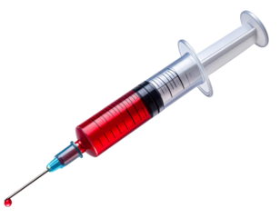 Syringe Filled with Red Liquid and Droplet at Needle Tip, isolated on transparent background