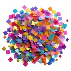 Obraz premium Colorful confetti in an array of vibrant hues including pink, purple, gold, and orange scattered on a white background, creating a festive and celebratory atmosphere.
