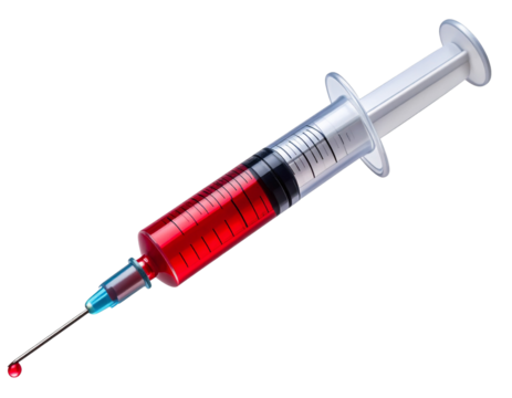 Syringe Filled with Red Liquid and Droplet at Needle Tip, isolated on transparent background