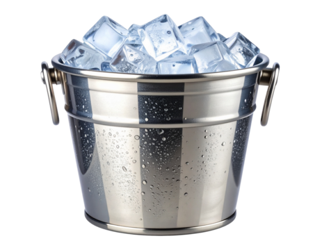Stainless Steel Ice Bucket Filled with Ice Cubes, isolated on transparent background - Powered by Adobe