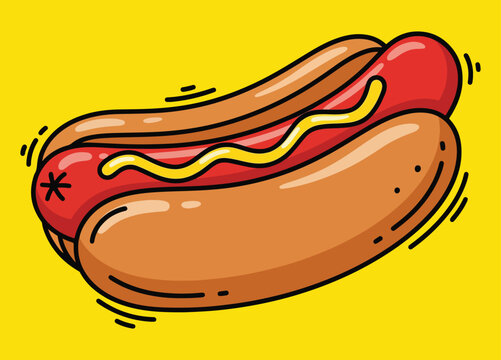  a whimsical cartoon illustration of a hotdog in a bun, topped with yellow mustard.