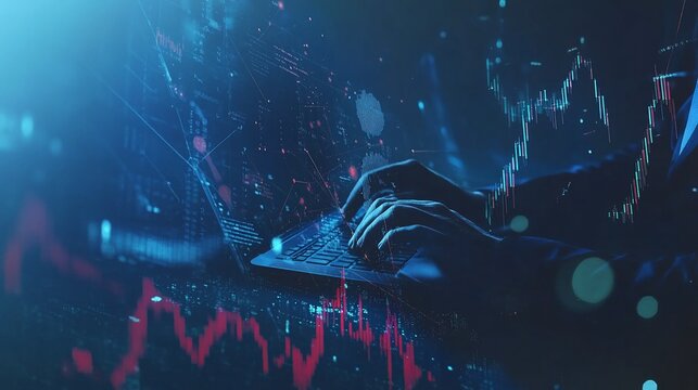 Hands typing on a laptop, surrounded by financial data visualizations - Powered by Adobe
