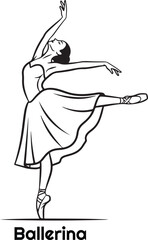  a black and white vector illustration of a ballerina dancing with one leg extended backward and her arms gracefully raised.