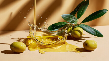 Olive oil pouring with splash and fresh green olive branch on beige surface in warm light