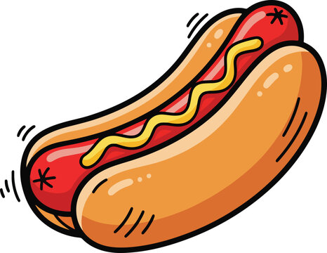 : a cartoon illustration of a hotdog in a bun, topped with yellow mustard. It has small lines on either side, indicating motion or a lively feel.