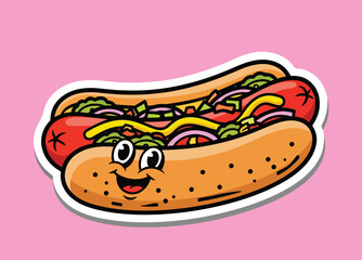 A cheerful, smiling hot dog loaded with colorful toppings, ready for a delicious meal