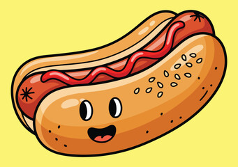a cheerful cartoon illustration of a hotdog in a bun, topped with red ketchup.