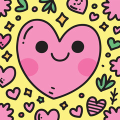  Cute pink heart character with abstract shapes and leaves on a yellow background