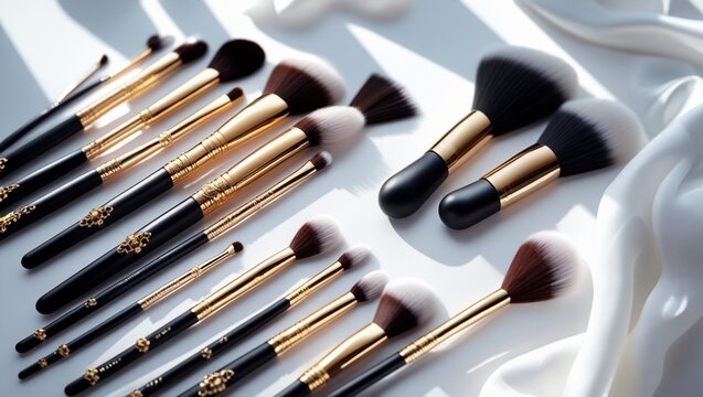 A luxurious arrangement of high-quality makeup brushes, varying in shape and size, is meticulously laid out on a spotless, snow-white surface, exuding a sense of sophistication and refinement