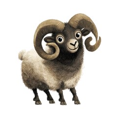 Whimsical Cartoon Ram with Spiraled Horns and Playful Expression, Standing Cheerfully on a White Background, Perfect for Kids' Artwork and Illustrations