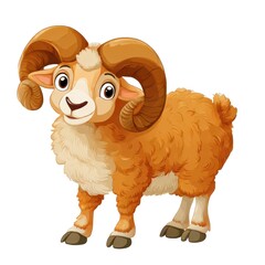 Cute Cartoon Ram Illustration with Soft Fur and Curly Horns, Perfect for Children's Books or Educational Materials Featuring Friendly Animal Characters