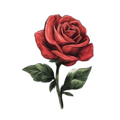 A Stunning Red Rose Blooming Elegantly Displaying Its Rich Petals and Lush Green Leaves Against a Crisp White Background