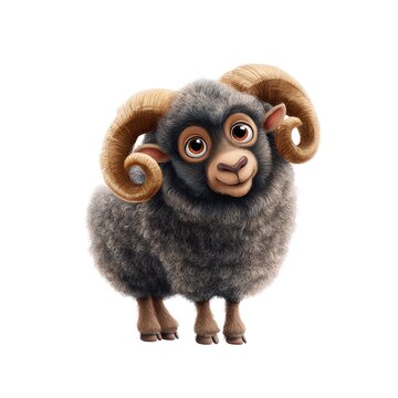 Charming Cartoon Ram Character With Soft Fur and Playful Expression, Featuring Distinctive Curly Horns and Big, Expressive Eyes in a Whimsical Setting