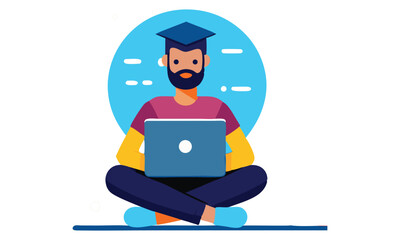 A stylized illustration of a person wearing a graduation cap and sitting cross legged with a laptop symbolizing online learning and education