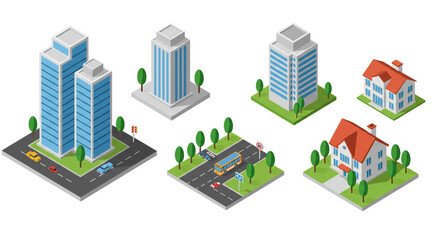 Isometric illustration of city buildings, houses, roads, trees, and vehicles, creating a miniature urban landscape.