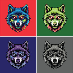 Set of intense wolf head vector illustrations, detailed animal mascot design with color variations for t-shirt print