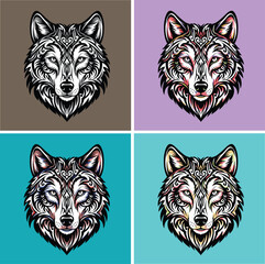 Set of ornamental wolf head illustrations in tribal tattoo style, vector mascot logo design with color variations
