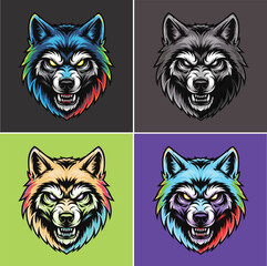 Set of intense wolf head vector illustrations, detailed animal mascot design with color variations for t-shirt print