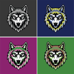 Set of intense wolf head vector illustrations, detailed animal mascot design with color variations for t-shirt print
