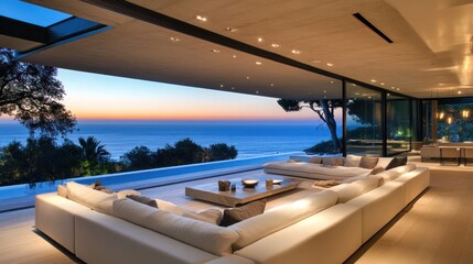 Expansive ocean view living area with modern furnishings.
