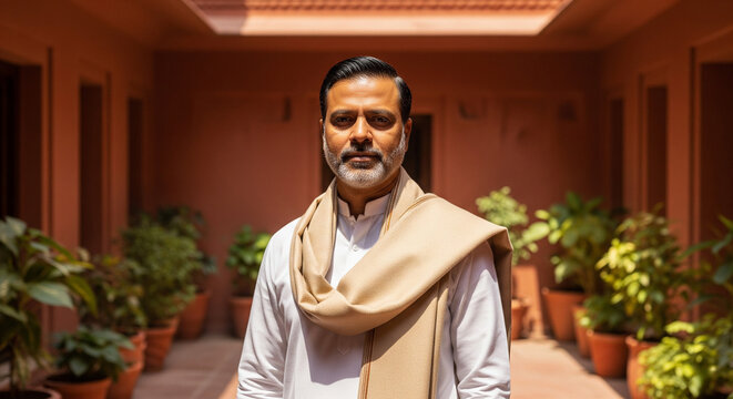 Portrait of man in traditional indian attire shawl and kurta standing in courtyard architecture