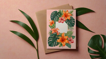 A high-resolution pastel-themed tropical card mockup scene featuring a soft pink and orange background with tropical design elements subtly blended in. In the foreground, place a rustic vintage wooden