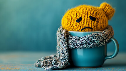 Blue monday concept. Cup of tea with sad smiley face wrapped in a knitted scarf on blue background