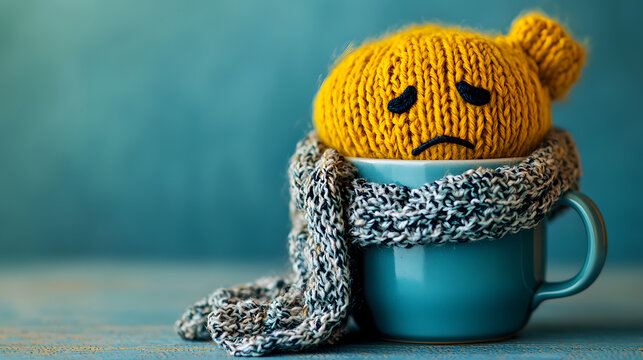 Blue monday concept. Cup of tea with sad smiley face wrapped in a knitted scarf on blue background - Powered by Adobe