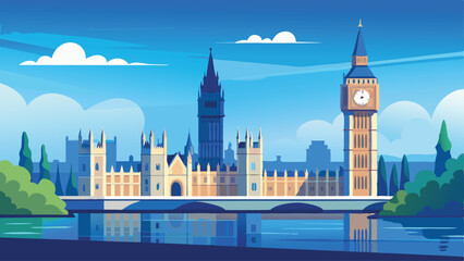 A view of parliament and big ben over the river thames art landscape illustration