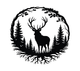 Fototapeta premium Wilderness and Nature Emblem with Deer Silhouette, Black and White Forest Scene On White Background 
