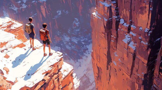 Two Hikers Standing on Edge of Canyon in Rocky Landscape During Day