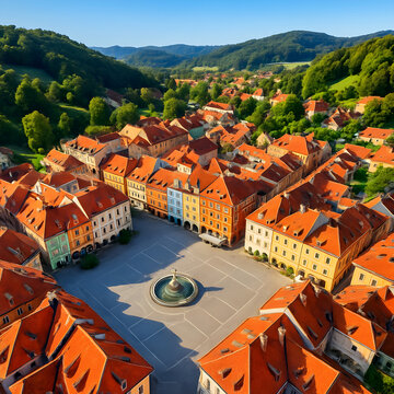 Aerial view of Telc town square with colorful houses and fountain, Czech Republic