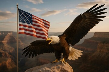 American bald eagle screaming with open wings and american flag waving in Grand Canyon