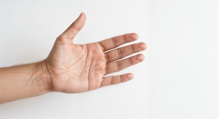 Open hand reaching out against white background  