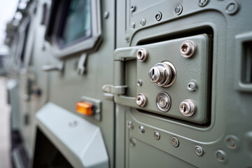 Close-up of armored vehicles reinforced door and lock mechanism, 