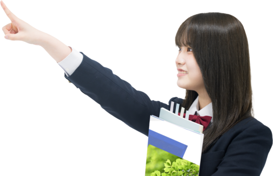 塾や予備校などの大学受験イメージ教科書を持つ女子高生の横顔目指す合格！　背景透明pngの合成素材のオススメ指差しポーズ　