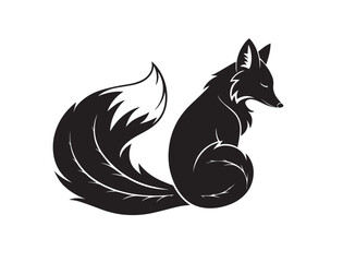 Black vector silhouette of a curled-up fox with bushy tail, elegant and soft curves, minimalist wildlife animal graphic, calm sleeping pose, isolated PNG-ready design on white background

