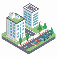 Modern isometric city block with buildings cars trees and streetlights