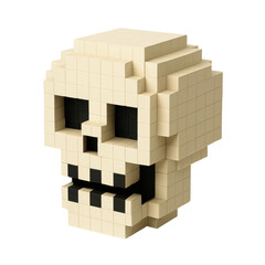A striking 3d rendered pixel art skull, crafted from geometric blocks, embodying a digital aesthetic. Ideal for gaming, tech, or halloween themes.