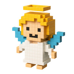 Fototapeta premium A charming 3d pixel art angel, featuring a white robe, golden hair, and blue wings, ideal for digital art, gaming, or holiday themes.