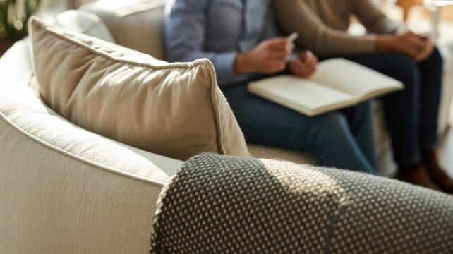 Caucasian couple relaxing on sofa with notebook in cozy living room