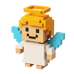 Naklejka premium A charming pixel art angel character with a happy smile, golden halo, and light blue wings, rendered in a blocky 3d style. Ideal for digital designs or holiday themes.