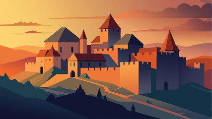 Naklejka premium A view of a castle sitting atop a hill at dusk or dawn time landscape illustration