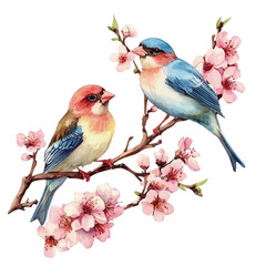 Colorful Finches Blooming Branch, watercolor drawing vector, isolated on a white background.