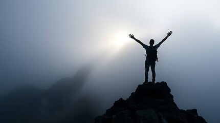 The person is atop a rocky, jagged mountain peak, arms raised in a gesture of exaltation.
