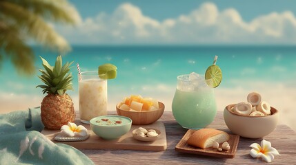 Tropical drinks and snacks.