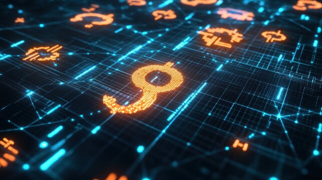 Abstract digital graphic with glowing symbols